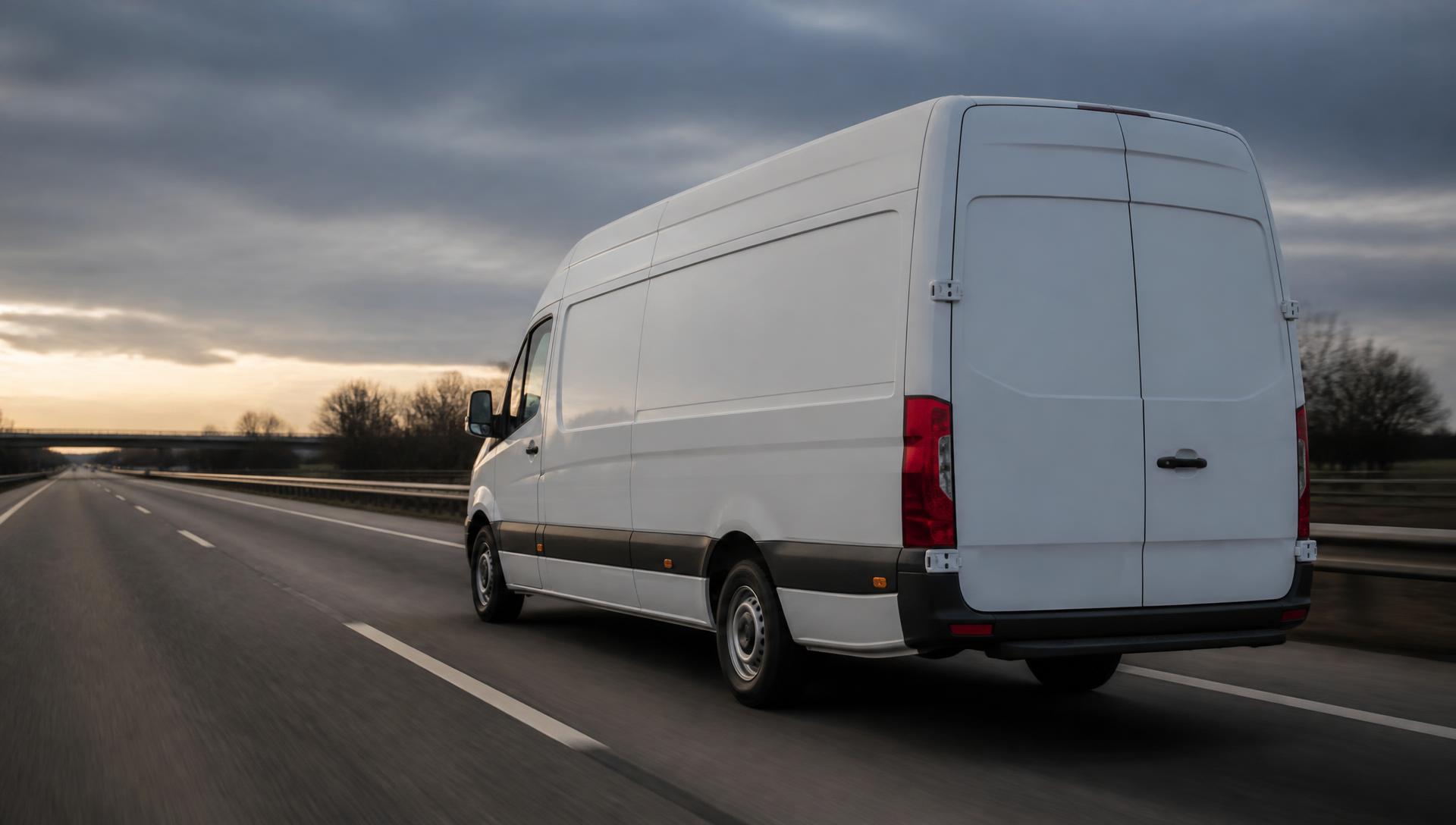 Transporter der 3,5-Tonnen-Klasse auf einer deutschen Autobahn zur blauen Stunde